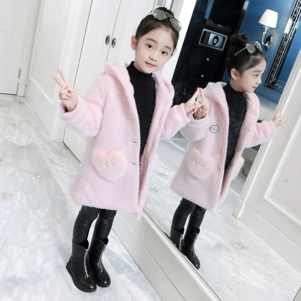 Pink Новинка года; одежда с капюшоном и длинными рукавами для девочек; ветровка; одежда на весну-осень-зиму; шерстяное пальто; детская куртка; свадебная одежда; парка - Цвет: Pink