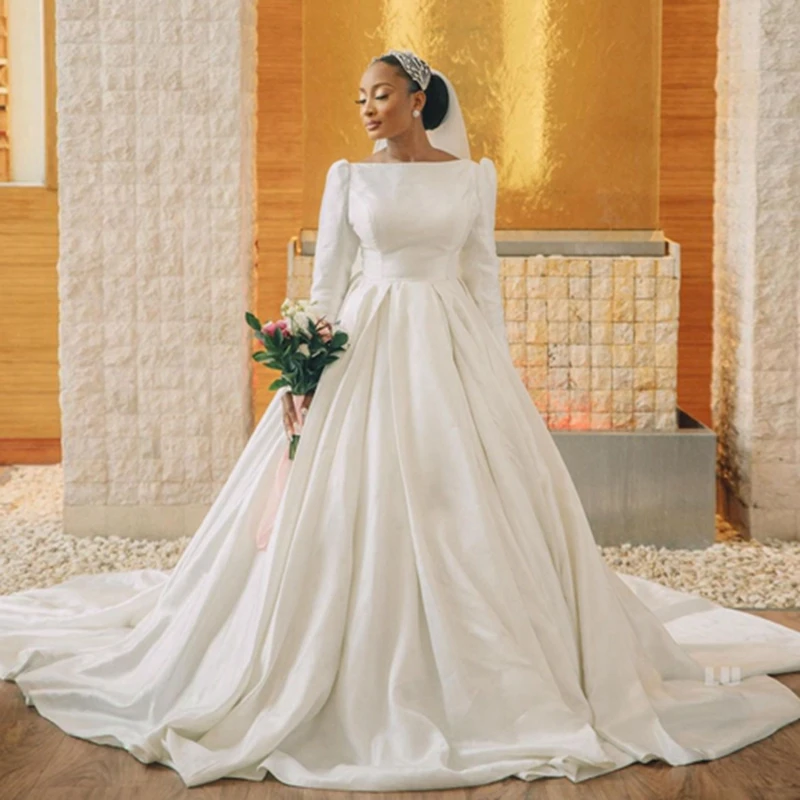 

Классическое мусульманское атласное свадебное платье А-силуэта, свадебные платья с длинным рукавом и драпировкой, свадебные платья с длинным шлейфом, индивидуальный пошив