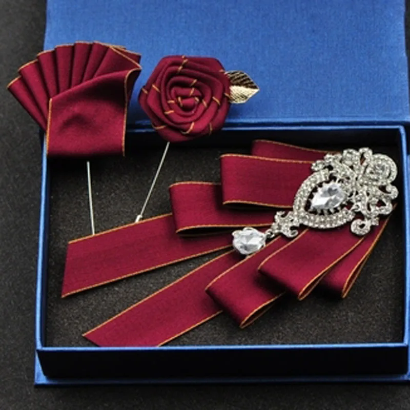 Red set 4 Высококлассный Модный бриллиантовый галстук-бабочка Женихи мужские свадебные аксессуары для воротника Галстуки Роза брошь карманное полотенце квадратный набор подарки для мужчин - Цвет: Red set 4
