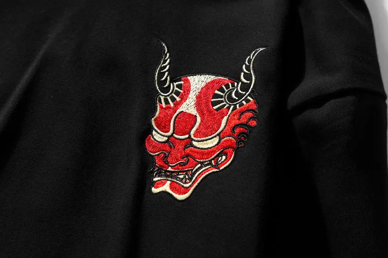 Embroidery Devil Wave Print Hoodies Men Japanese Streetwear Autumn Harajuku Hip Hop Pullover Hoodies Men Sweatshirts Streetwear