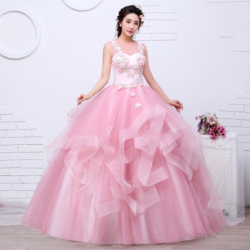 Vestido Debutante пышные платья 3D с цветочной аппликацией оборками спинки Дешевые платья на выпускной светло-розовый Дебютант бальное платье