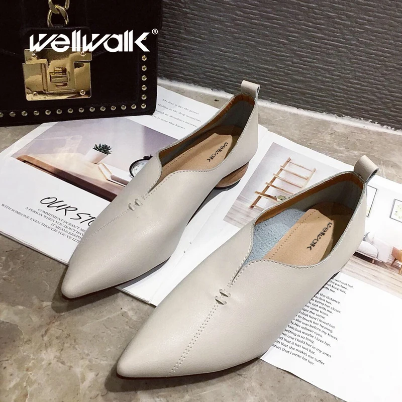 

Woman Slip On Loafer Pointed Toe Plain PU Leather Low Chunky Round Wooden Heels Easy to Match Soft Casual Chic Office Work Shoes