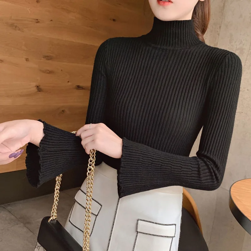 Sweater bottoming half-high collar Autumn Winter Korean sweater women Long-sleeve Solid Turtleneck Knitted Sweater Pullover thin