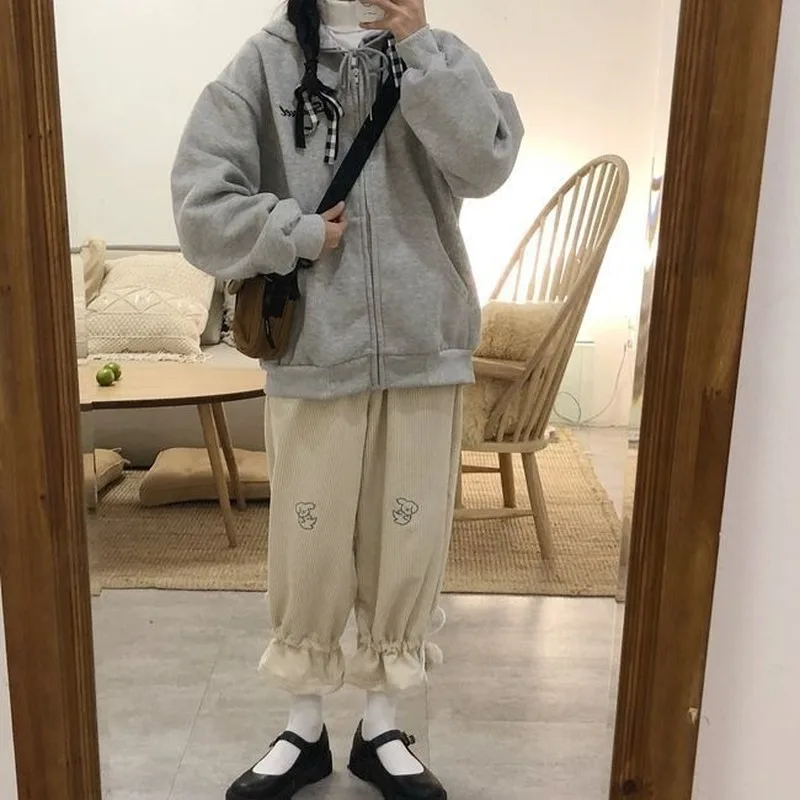 

QWEEK Japanese Kawaii Corduroy Pants Women Cartoon Dog Embroidery Soft Girl Pants Beige High Waist Loose Pants Flexible Trousers