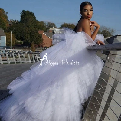 $US $83.66 Pretty White Hi Low Tiered Ruffled Tulle Dresses Women Off Shoulder Lastic Waist Strapless Tutu Dress Birthday Party Photography