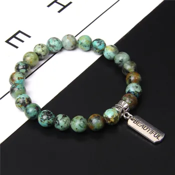 

Natural African Turquoises Rectangle Words Beautiful Believe Protected Dream Unique Tag Charm Bracelet for Women Men Jewelry