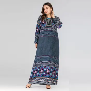 

2019 women autumn bohemian printed maxi Dress plus size Muslim abaya Kaftan moroccan Robe dubai Arab UAE ramadan gown VKDR1753