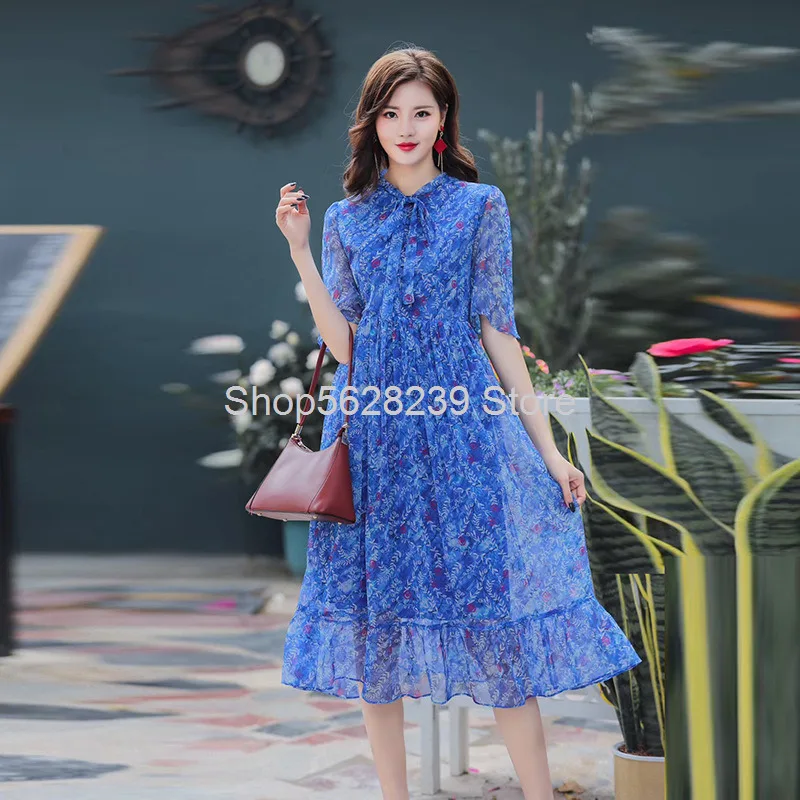 

Mulberry Silk Women's Wear 2020 Waist Floral Fairy Skirt Lace Bow Big Pendulum Middle Long Skirt