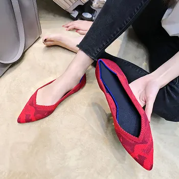 

2020 Pointed Toe Flats Ladies Flat Shoes Ballet Breathable Knit Mocasines De Mujer Leopard Bailarinas De Mujer Loafers Autumn