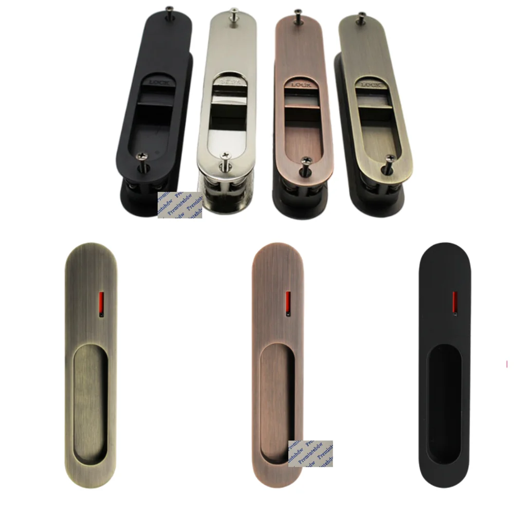 Zinc Alloy Flush Finger Sliding Door Back-To-Back Pull Locking Latch With Red Indicator For Bedroom Bathroom Matte Black Bronze