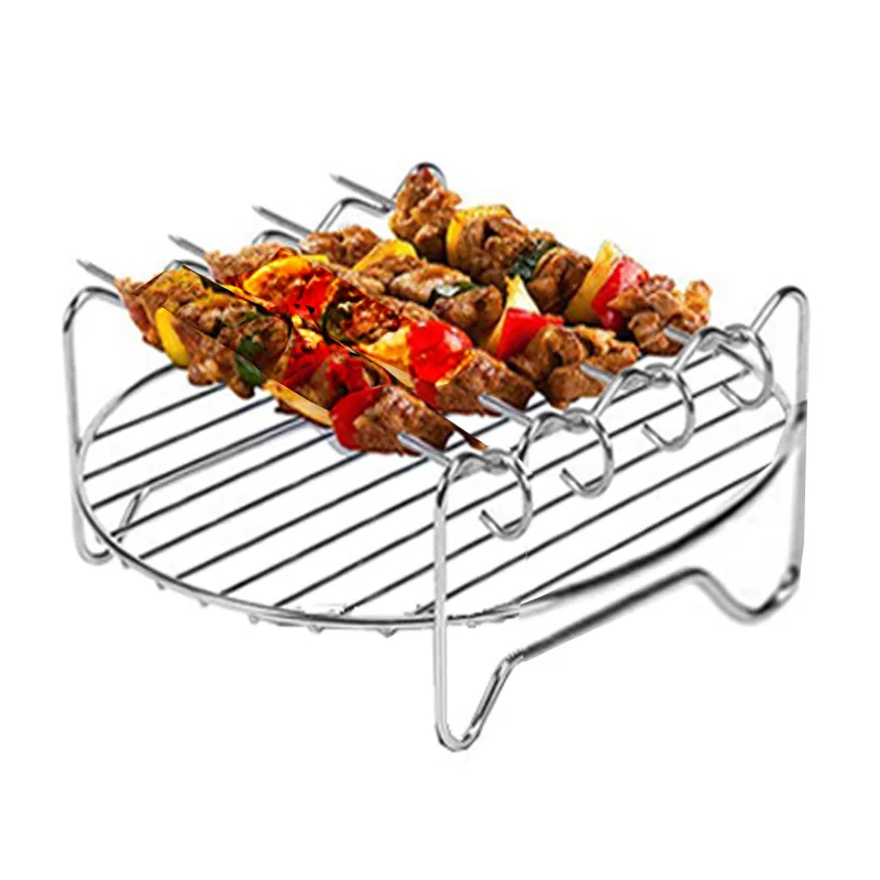7 inch Double grill air fryer accessories Baking Tray Skewers Stainless Steel Holder BBQ Rack with 4pcs barbecue pins |