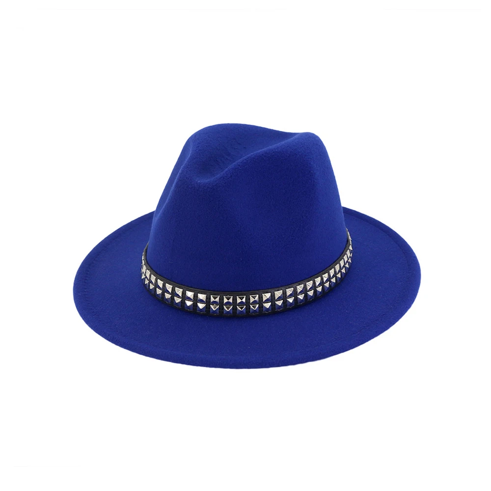 Blue Для женщин Для мужчин шерстяная шляпа Fedora широкий джазования с полями шляпа с лента в стиле «панк» в джентльменском стиле; элегантные женские церковь различных мероприятий Размеры окружности головы 56-58 см - Цвет: Blue