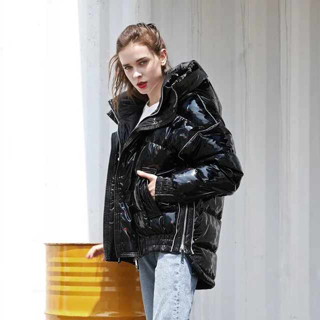 

fashion laser glossy fabriiic Oversize down coat winter thicker warm hooded duck down coat female fashion down outerwear F115