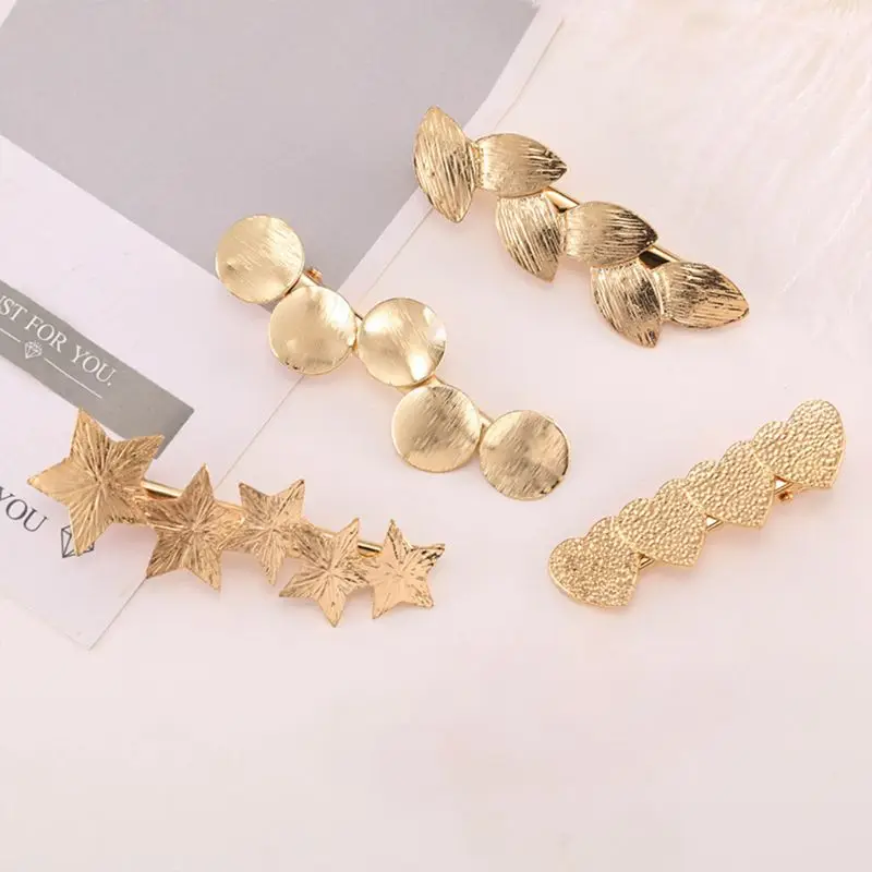 

European Womens Golden Alloy Alligator Clips Imitation Pearl Geometric Hairgrip