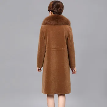 

100% Wool Coat Female Real Fox Collar Sheep Shearling Fur Winter Jacket Women Korean Long Coats Suede Lining MY3707