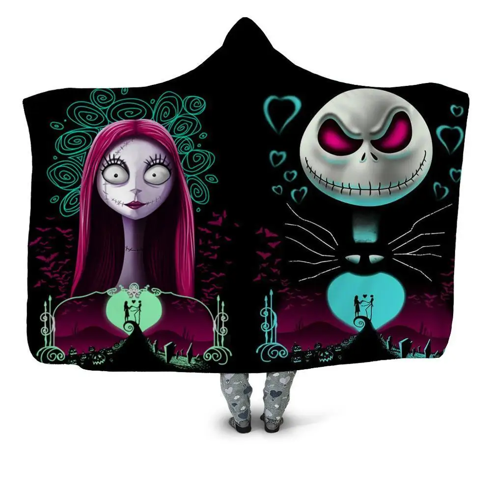 Одеяло с капюшоном и рисунком из мультфильма; Флисовое одеяло с капюшоном Jack& Sally из шерпы для взрослых и детей; теплое одеяло из микрофибры - Цвет: HBKH1317