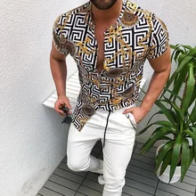 Verão estilo nação homem camisa auspicioso nuvens dos homens étnico impresso gola listra manga curta solta hawaiian henley alta