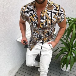 Verão estilo nação homem camisa auspicioso nuvens dos homens étnico impresso gola listra manga curta solta hawaiian henley alta