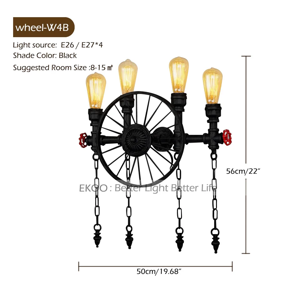 4 lights Black EKOO Ретро американский винтажный промышленный настенный светильник на колесах, водопровод, украшающий потолочное освещение для кофейни, столовой - Цвет абажура: 4 lights Black