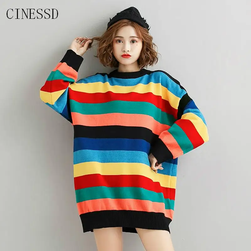 

Plus Size Rainbow Sweater Women Autumn Long Sleeve Knitted Sweaters Korean Kawaii Casual Loose Pullover Winter Clothes 2019