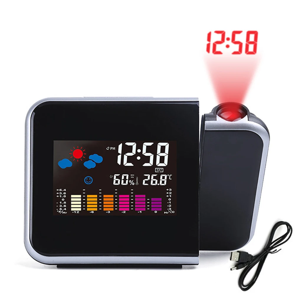

Table Clock Projection Alarm Clock With Weather Station Thermometer Date Display Digital Clock USB Charger Snooze LED Projection