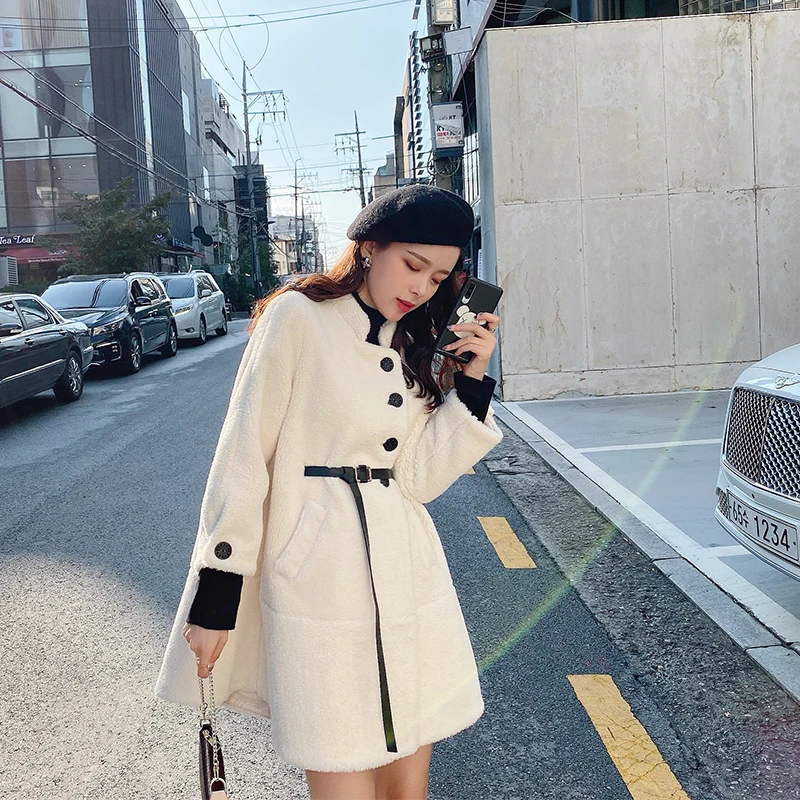 

MISHOW Winter Thick Solid Standing collar Lambswool Coat Women Causal Single-breasted Belt Warm Fur Jacket MX19D8329