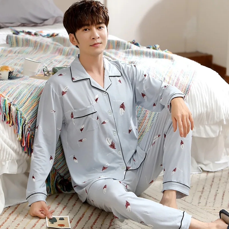 

Spring And Autumn New Style Long Sleeve Pajamas Autumn Korean-style Cardigan Men Youth Plus-sized Homewear Set