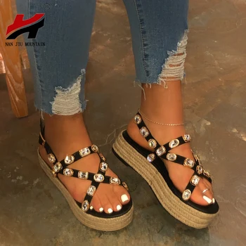 

NAN JIU MOUNTAIN 2020 Platform Sandals Handmade Rhinestones Summer Open Toe Sandals Women Comfortable Plus Size 35-43
