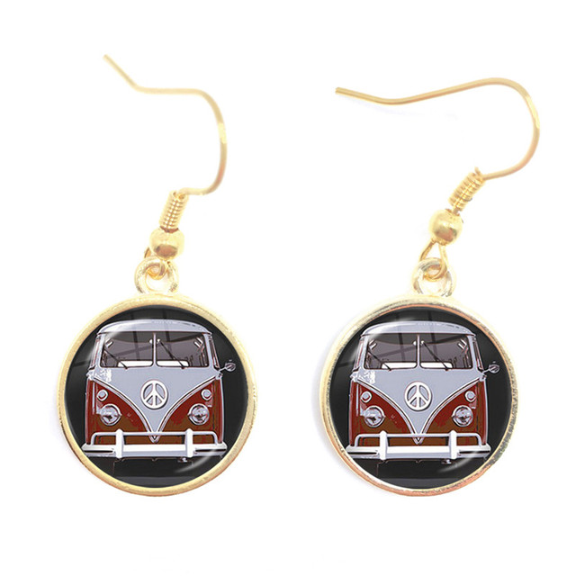Blue-Red-Yellow Hippie Peace Van Bus Photo Drop Earrings Retro Beach Bus Car Collectors Bus Peace Sign Jewelry For Women