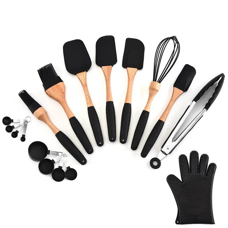 Kitchen Silicone Cutlery Set Wooden Turner Spatula Brush Scraper Glove Egg Beater Black Cooking Tool Kitchenware | Дом и сад