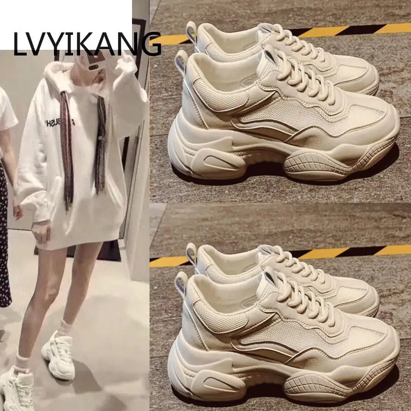 

2019 Comfortable Breathable Mesh Trainers Chunky Heels 5cm Women's Platform Sneakers Women Shoes Casual Female Shoes