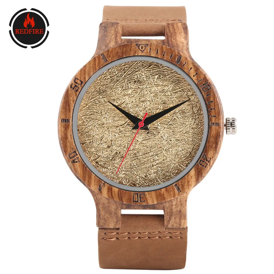 

REDFIRE Creative Zebrawood Men Watches Wooden Clock Quartz Movement Brown Genuine Leather Wristwatch Natural Wooden Timepiece