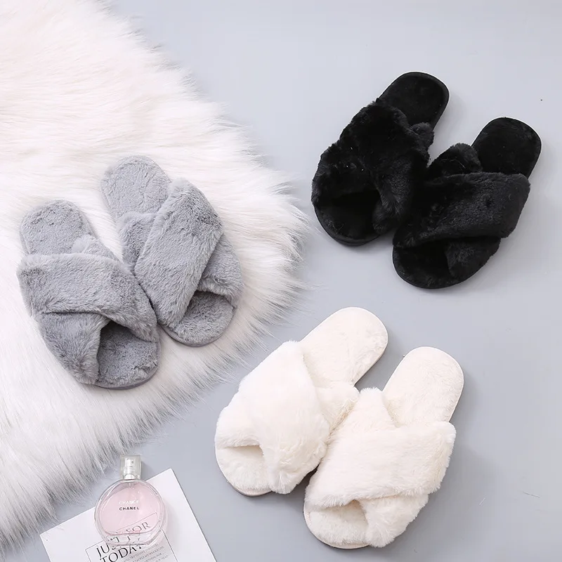 Furry Slipper Slides Flat-Shoes Faux-Fur Female Women Open-Toe Plus-Size Ladies Indoor