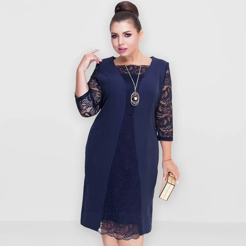 

Spring Autumn Lace Patchwork Slim Dress Women's Fashion 3/4 Sleeve Straight Midi Dress Elegant Office Lady Dresses Plus Size 6XL