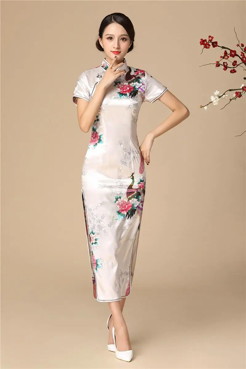 Высокий разрез пикантное классическое женское платье-Ципао винтажное платье Ципао с пуговицами в восточном стиле Большие размеры 3XL традиционное платье с павлином - Цвет: White