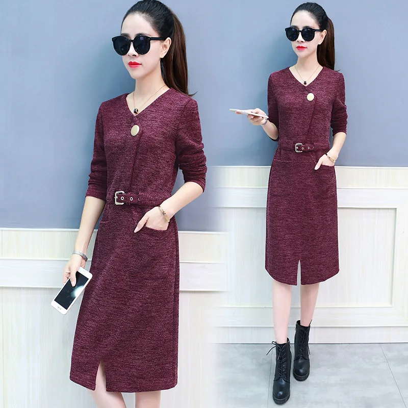 

Fashion Mid-length Dress Women's Long-Sleeve Korean-style 2019 Spring And Autumn New Style Step Skirt Knitted Dress Versatile