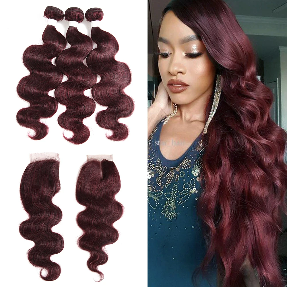 99j Burgundy Body Wave Human Hair Bundles With Closure 4x4 Kemy