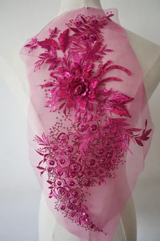 

10 pieces hot pink 3D flowers sequins beaded lace applique for bridal dress sewing accessories