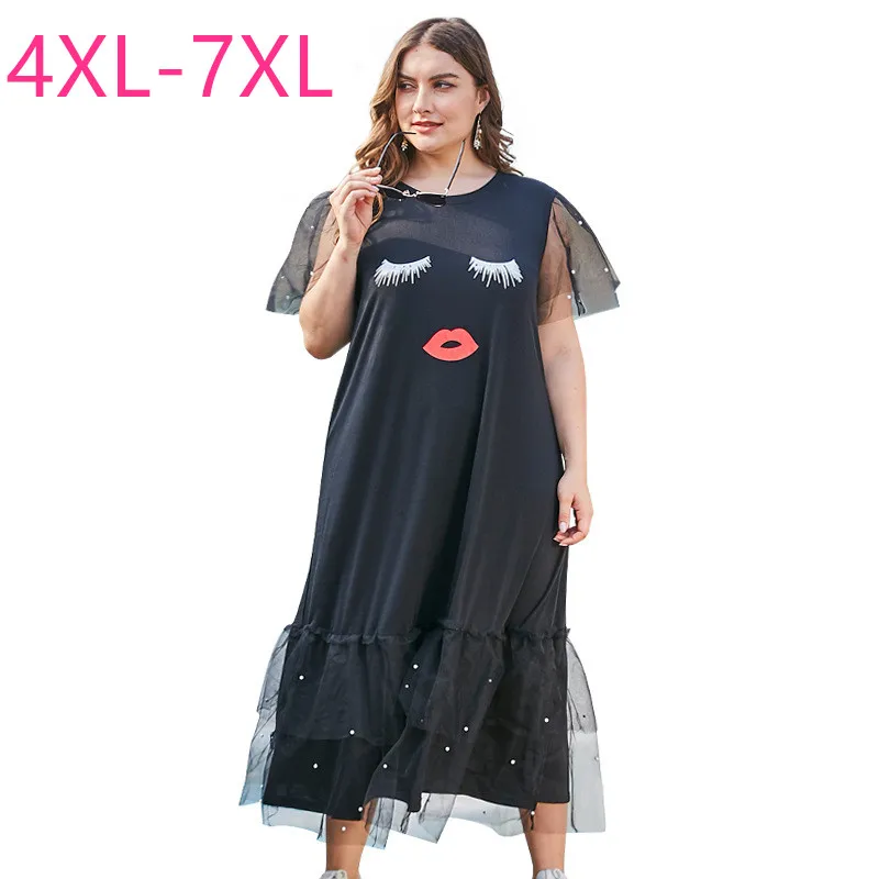 

New summer plus size midi dress for women short sleeve loose casual gauze black print O neck long ruffle dress 4XL 5XL 6XL 7XL