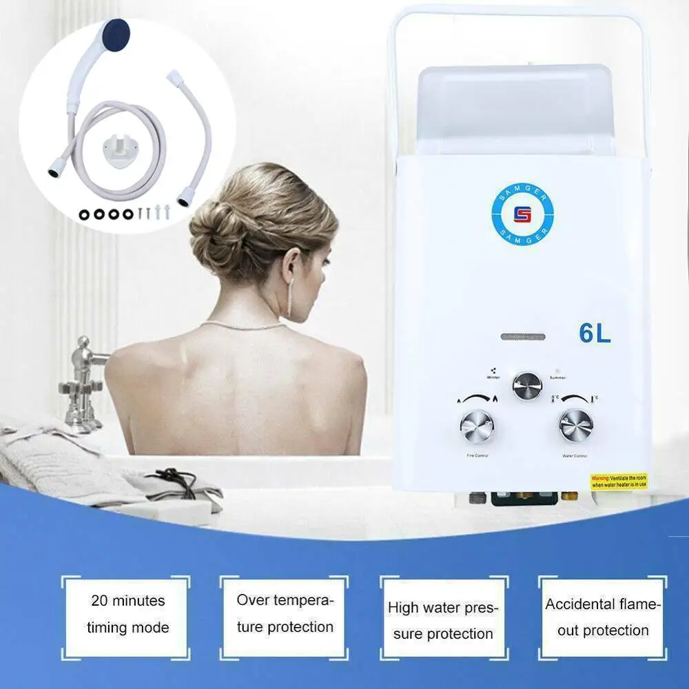 Honhill-calentador de agua para acampar, calentador de Gas glp, ducha de 6L, calentador de agua caliente y fría, calentador de agua instantáneo de propano con cabezal de ducha