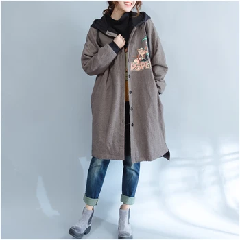 

Women Korea Style Winter Fall Oversized Fleece Lined Coat Cartoon Printed Long Hooded Outer Wear Female Casual Grid Lines Coat