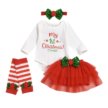 

2020 Autumn Newborn Baby Boys Girls Christmas Letter Print Long Sleeve Romper Skirt headband 4pcs Costume Festival