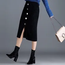 NIGRITY женские юбки с эластичными лентами на осень и зиму, теплая трикотажная прямая юбка в рубчик средней длины, черная юбка