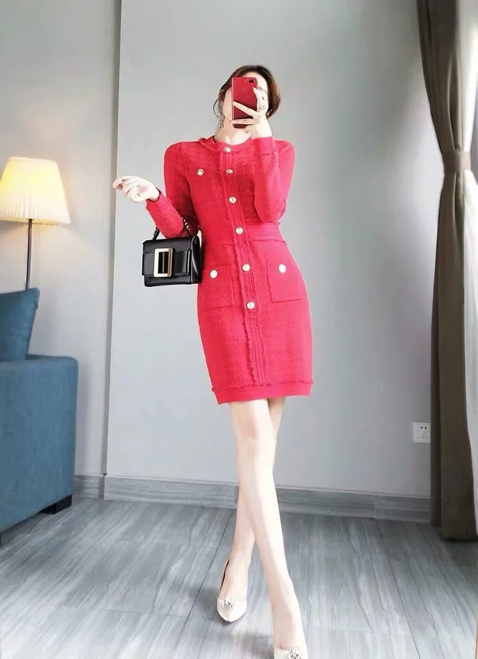 11.19 Early Autumn New O-neck long sleeve houndstooth knitted dress single breasted Tailored gold button fashion dress