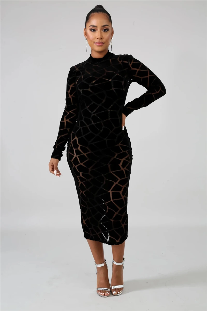 Adogir S-6XL, геометрическое флокированное прозрачное Сетчатое облегающее платье размера плюс, женское облегающее платье миди с длинным рукавом и воротником, Клубное вечернее платье