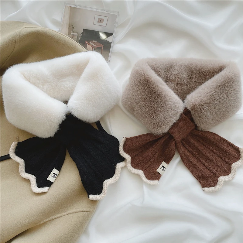 Winter Plush Scarf Woman Thick Fish Tail Wool Knit Cross Fur Collar Outdoor Cycling Neck Protect Cervical Spine Warm Scarve T15
