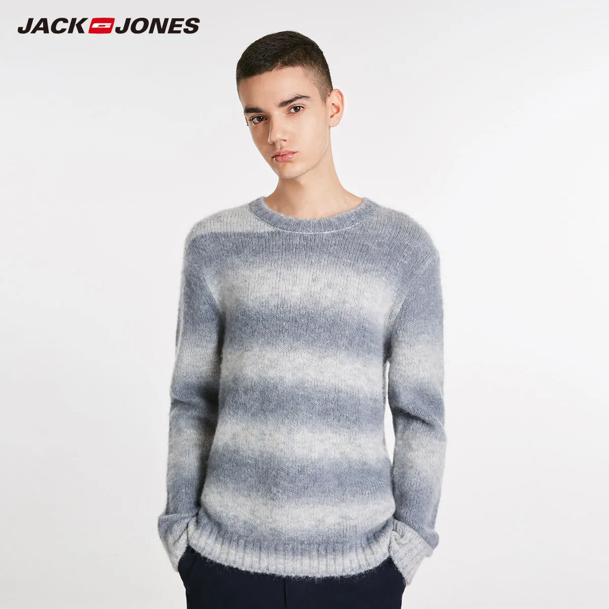 JackJones зимний полосатый шерстяной свитер с круглым вырезом | 218425530 - Цвет: STONE BLUE