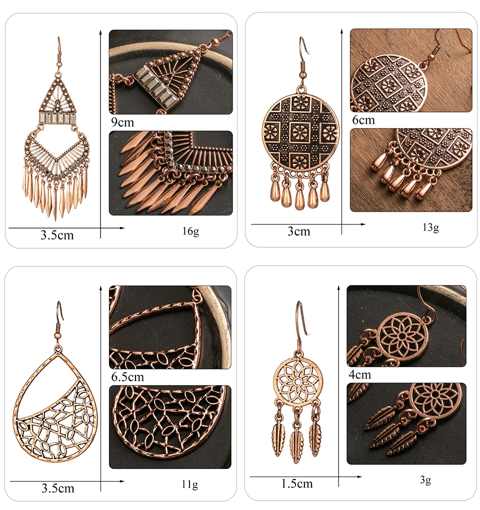 Bohemia Rose Gold Tassel Fringe Drop Earrings for Women Vintage Ethnic Natural Stones Round Geometric Earrings Female Jewelry (1394)