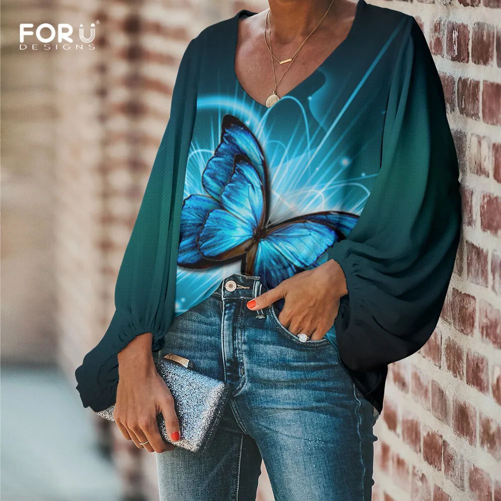 FORUDESIGNS/женские шифоновые блузки с v-образным вырезом, свободные топы с рукавами-фонариками для женщин, повседневная одежда с объемными бабочками, женская блузка