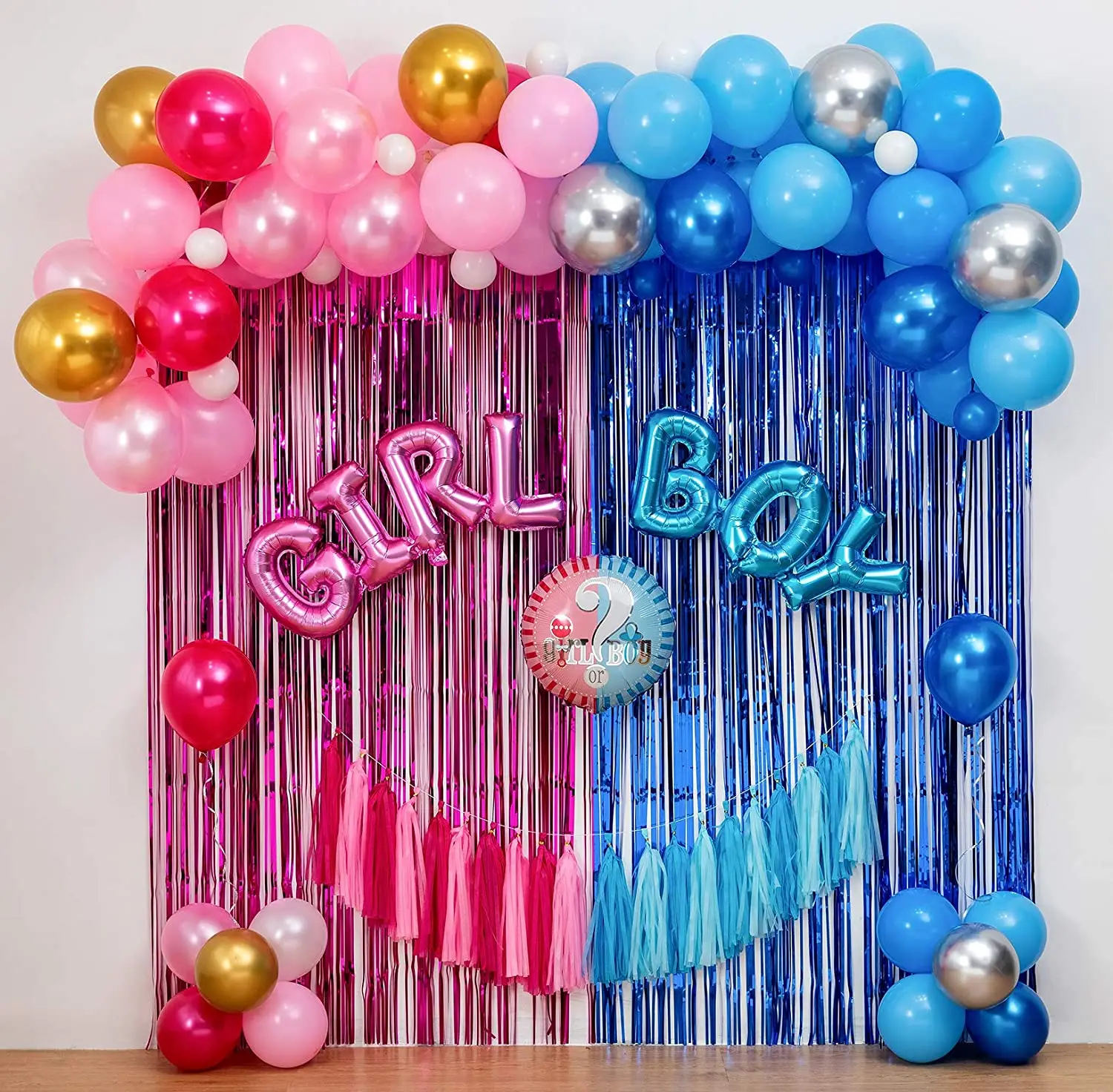 

96 pieces of boys and girls gender exposure party balloon arch wreath kit metal tassel curtains children's birthday baby shower